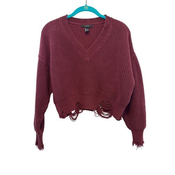 Forever 21 Cropped Distressed Maroon Sweater V Neck Size Small S - Picture 1 of 7